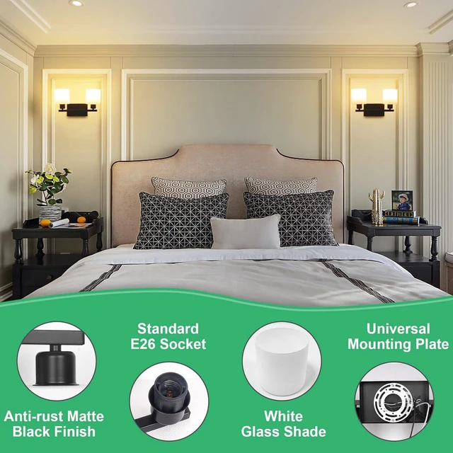 Alt view image 4 of 7 - Black Bathroom Light Fixtures Over Mirror, 2-Light Vanity Lights Anti-Rust Wall Sconces 12 Inches, E26 Standard Socket, Milky White Glass Shades, Easy Installation, Bulbs Not Included