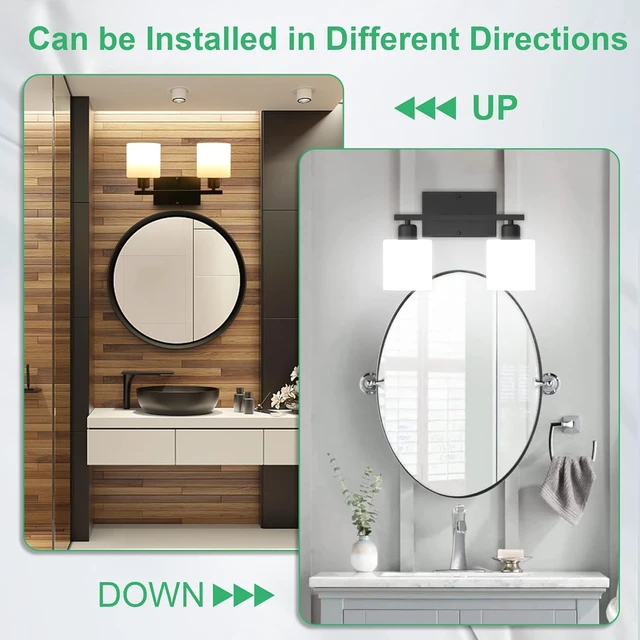 Alt view image 6 of 7 - Black Bathroom Light Fixtures Over Mirror, 2-Light Vanity Lights Anti-Rust Wall Sconces 12 Inches, E26 Standard Socket, Milky White Glass Shades, Easy Installation, Bulbs Not Included
