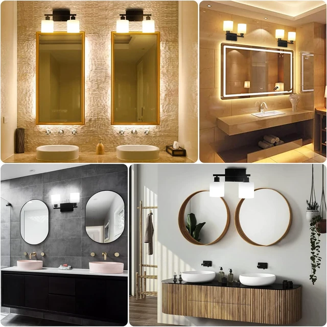 Alt view image 7 of 7 - Black Bathroom Light Fixtures Over Mirror, 2-Light Vanity Lights Anti-Rust Wall Sconces 12 Inches, E26 Standard Socket, Milky White Glass Shades, Easy Installation, Bulbs Not Included
