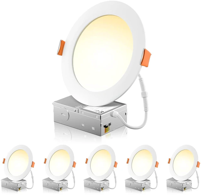 Main image of 6 Pack 6 Inch LED Recessed Light with Junction Box, 5CCT, 1050LM 12W, 2700K-5000K Selectable, 5%-100% Dimmable, 120V, White, Ultra-Thin Canless Wafer Downlight, ETL, FCC, IC & Damp Rated