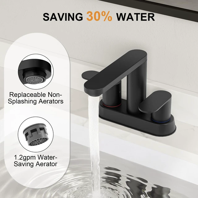 Alt view image 5 of 7 - Matte Black Bathroom Faucets 4 Inch Centerset Faucet for Bathroom Sink 2 or 3 Hole Basin 2-Handle 360° Swivel Spout Bathroom Sink Faucet with Pop up Drain Water Supply Hose for Farmhouse Vanity RV
