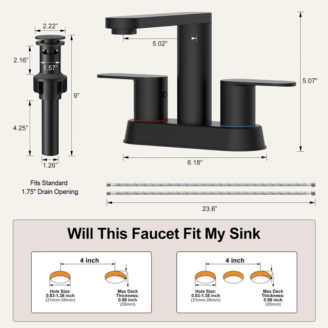 Alt view image 6 of 7 - Matte Black Bathroom Faucets 4 Inch Centerset Faucet for Bathroom Sink 2 or 3 Hole Basin 2-Handle 360° Swivel Spout Bathroom Sink Faucet with Pop up Drain Water Supply Hose for Farmhouse Vanity RV