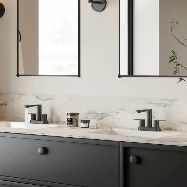 Alt view image 7 of 7 - Matte Black Bathroom Faucets 4 Inch Centerset Faucet for Bathroom Sink 2 or 3 Hole Basin 2-Handle 360° Swivel Spout Bathroom Sink Faucet with Pop up Drain Water Supply Hose for Farmhouse Vanity RV