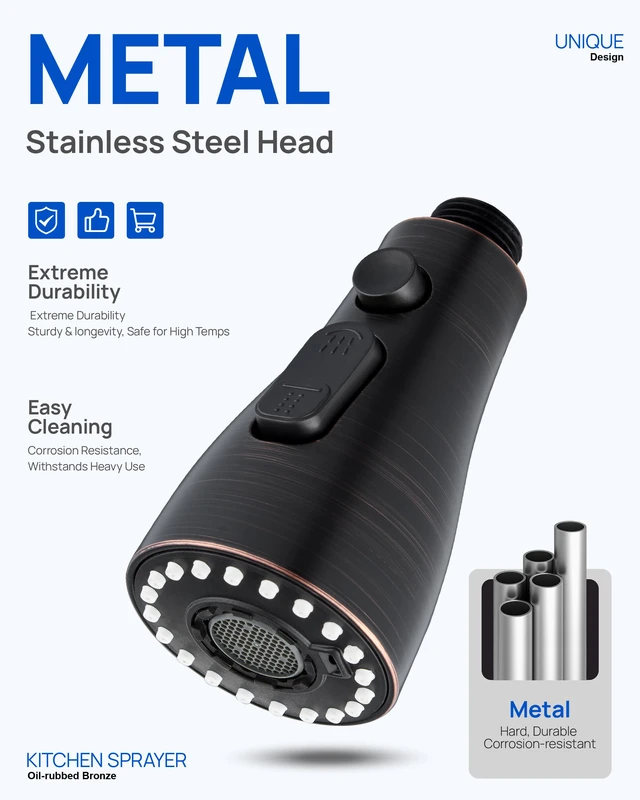 Alt view image 2 of 7 - Metal Kitchen Faucet Head Replacement 3 Mode High-Pressure Sink Sprayer Replacement with 15 Nozzle Adapters, Durable Pull Down Spray Head for Kitchen Sink, Oil Rubbed Bronze, Stainless Steel