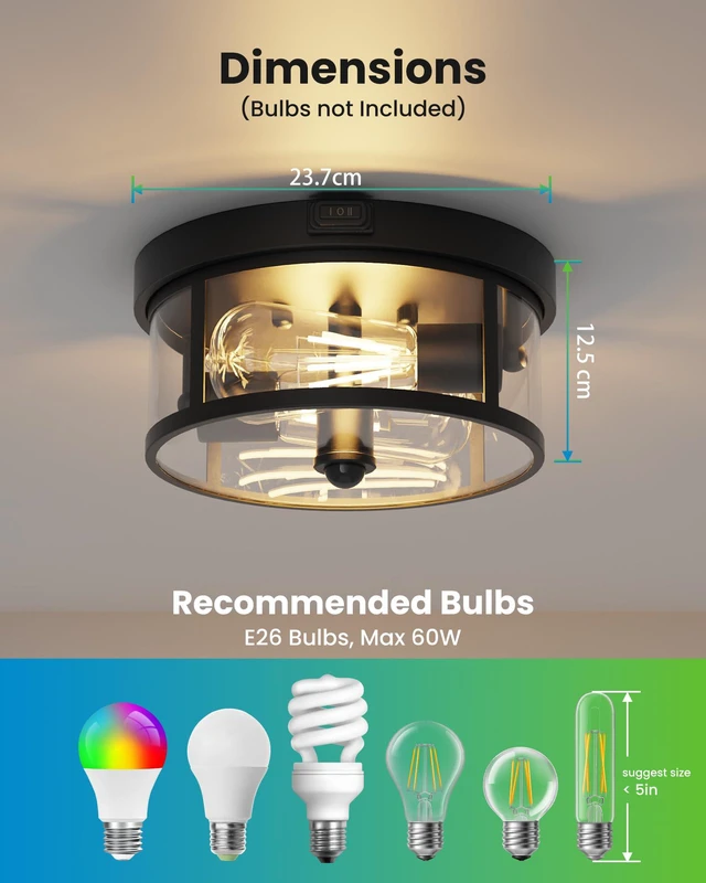 Alt view image 5 of 7 - Outdoor Ceiling Light with Motion Sensor 9.3in - Porch Lights Outdoor, E26 Base, Flush Mount, 360° Detection, 3 Modes (Auto/Dusk to Dawn/Always-on), Farmhouse Ceiling Light for Porch, Entryway