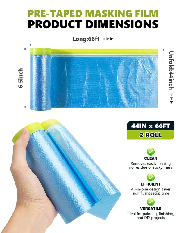 Alt view image 2 of 7 - Pre-taped Automotive Masking Film for Painting - 44" x 66', 2 Rolls Painters Plastic Sheeting Roll Masking Tape and Drape, Paint Supplies for Cars Walls Furniture Floor Spraying
