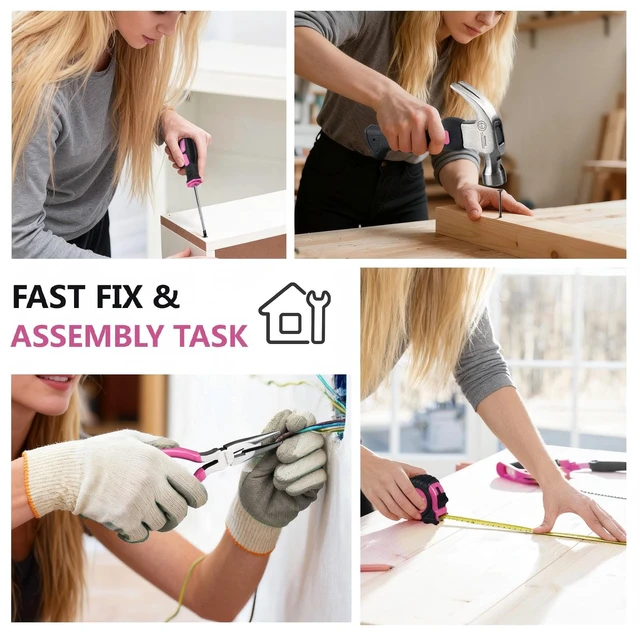 Alt view image 5 of 5 - Pink Tool Set | Tool Bag for Women with Shoulder Strap | Basic Tool Kit|21Pcs Tool Pouch with Zipper|Portable Tool Bag with Tools for Home|Dorm|Office|DIY|Desk|Apartment