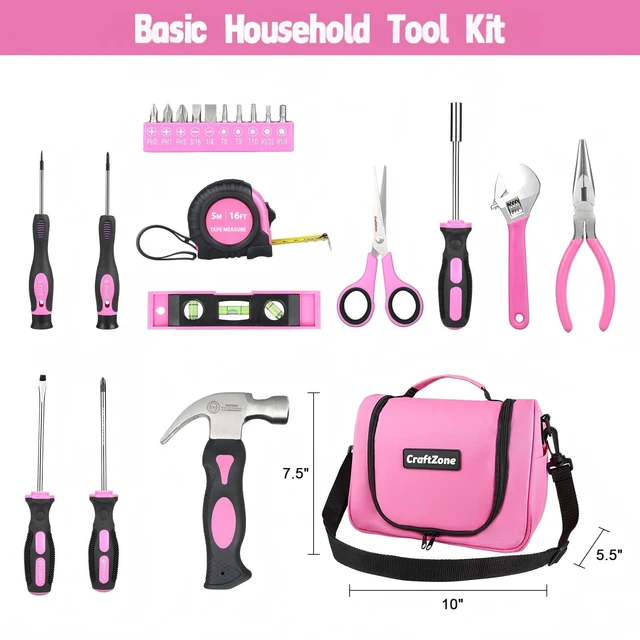 Alt view image 4 of 5 - Pink Tool Set | Tool Bag for Women with Shoulder Strap | Basic Tool Kit|21Pcs Tool Pouch with Zipper|Portable Tool Bag with Tools for Home|Dorm|Office|DIY|Desk|Apartment