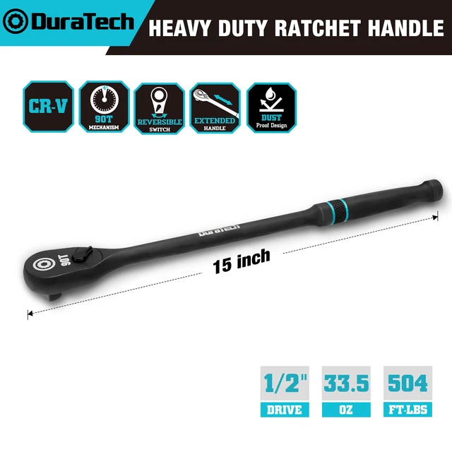 Alt view image 2 of 7 - Extra Long Handle 1/2-Inch Drive Ratchet, 90-Tooth Ratchet Wrench Socket Wrench with 15" Handle and Dust Proof Teardrop Enclosed CR-MO Head, Reversible, CR-V Made, Black Mn Phosphate Finish