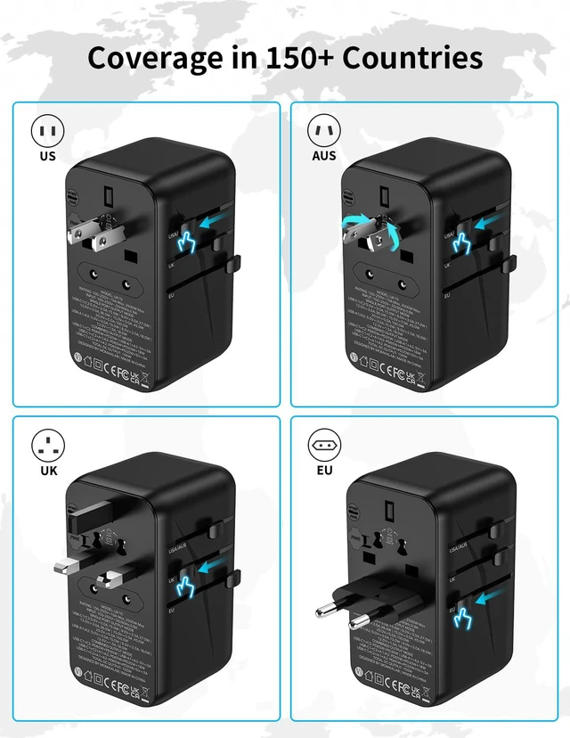 Alt view image 4 of 7 - 100W Universal Travel Adapter, 5-in-1 GaN International Power Adapter for Laptop, Phone, 2 USB-C PD & 2 USB-A QC Wall Charger, European Travel Plug Adapter for UK/US/AUS/JP, Travel Essentials