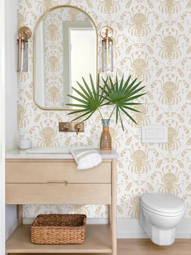 Alt view image 3 of 7 - Beige Peel and Stick Wallpaper Coastal Contact Paper Bathroom Ocean Wallpaper Boho Jellyfish Renter Friendly Waterproof for Cabinet Kitchen Bedroom Vinyl 17.3''x197''