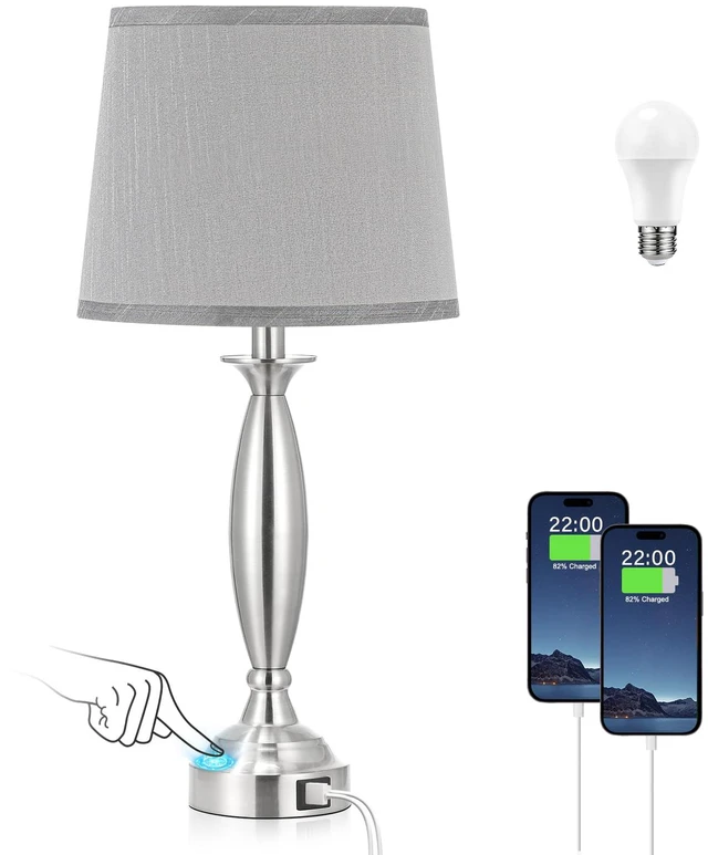 Main image of Bedroom Lamps for Nightstand, 3 Way Dimmable Silver Bedside Lamps with USB Touch, USB C+A Ports, Bulb Included, Single, Gray Shade, Silver, Chrome, Bed Side lamps for Night Stands, Living Room