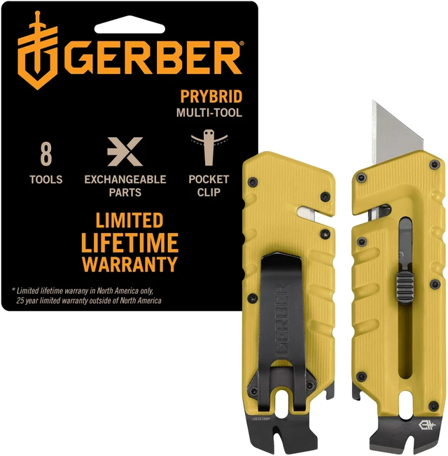 Main image of Prybrid EDC Pocket Knife Multitool 8-in-1 Box Cutter, Mustard Retractable utility box cutter blade, built-in pry bar, compact EDC multitool, everyday carry knife