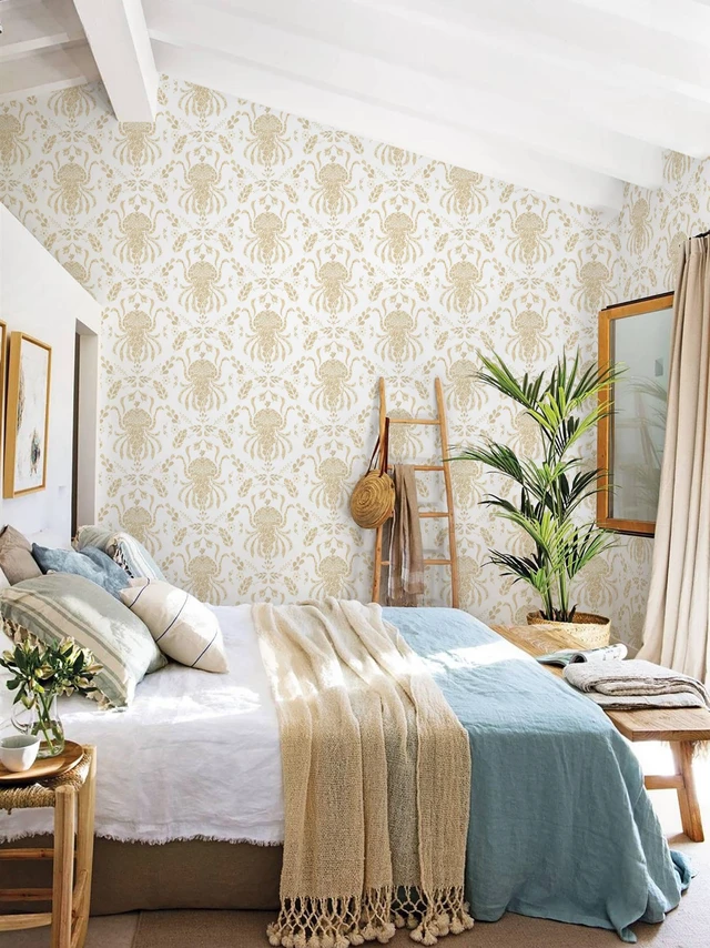 Alt view image 7 of 7 - Beige Peel and Stick Wallpaper Coastal Contact Paper Bathroom Ocean Wallpaper Boho Jellyfish Renter Friendly Waterproof for Cabinet Kitchen Bedroom Vinyl 17.3''x197''