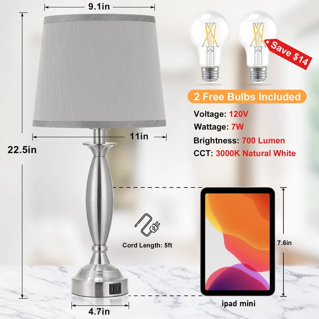 Alt view image 6 of 7 - Bedroom Lamps for Nightstand, 3 Way Dimmable Silver Bedside Lamps with USB Touch, USB C+A Ports, Bulb Included, Single, Gray Shade, Silver, Chrome, Bed Side lamps for Night Stands, Living Room