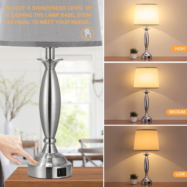 Alt view image 3 of 7 - Bedroom Lamps for Nightstand, 3 Way Dimmable Silver Bedside Lamps with USB Touch, USB C+A Ports, Bulb Included, Single, Gray Shade, Silver, Chrome, Bed Side lamps for Night Stands, Living Room