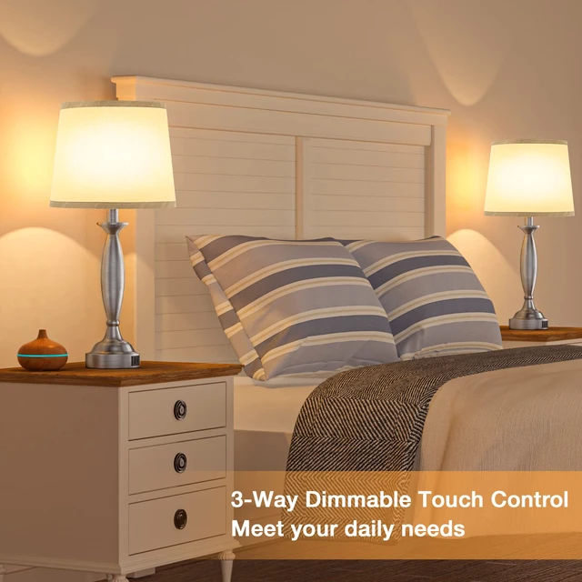 Alt view image 7 of 7 - Bedroom Lamps for Nightstand, 3 Way Dimmable Silver Bedside Lamps with USB Touch, USB C+A Ports, Bulb Included, Single, Gray Shade, Silver, Chrome, Bed Side lamps for Night Stands, Living Room