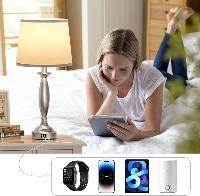 Alt view image 5 of 7 - Bedroom Lamps for Nightstand, 3 Way Dimmable Silver Bedside Lamps with USB Touch, USB C+A Ports, Bulb Included, Single, Gray Shade, Silver, Chrome, Bed Side lamps for Night Stands, Living Room