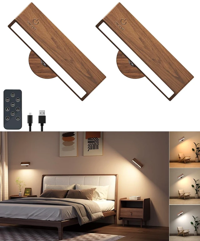 Main image of Wooden Wall Sconce Battery Operated with Remote,Rechargeable Wall Lights for Bedroom with 3 Color Temperature, Magnetic, Stick-On, Dimmable Wall Reading Lights (Walnutwood, 2 Pack)