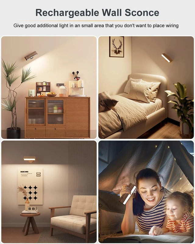 Alt view image 3 of 7 - Wooden Wall Sconce Battery Operated with Remote,Rechargeable Wall Lights for Bedroom with 3 Color Temperature, Magnetic, Stick-On, Dimmable Wall Reading Lights (Walnutwood, 2 Pack)