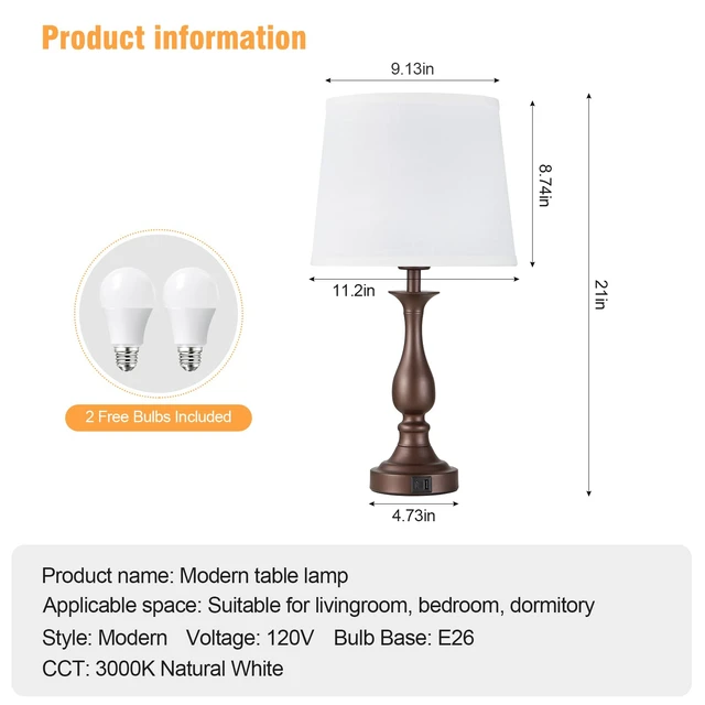 Alt view image 6 of 7 - Bedside Table Lamp Touch Control Bedroom Lamps with USB A + C Charging Port 3 Way Dimmable Touch Lamps for Nightstand Living Room Bedroom Dorm Home Office Reading, Set of 2 (White Shade & Brown Base)