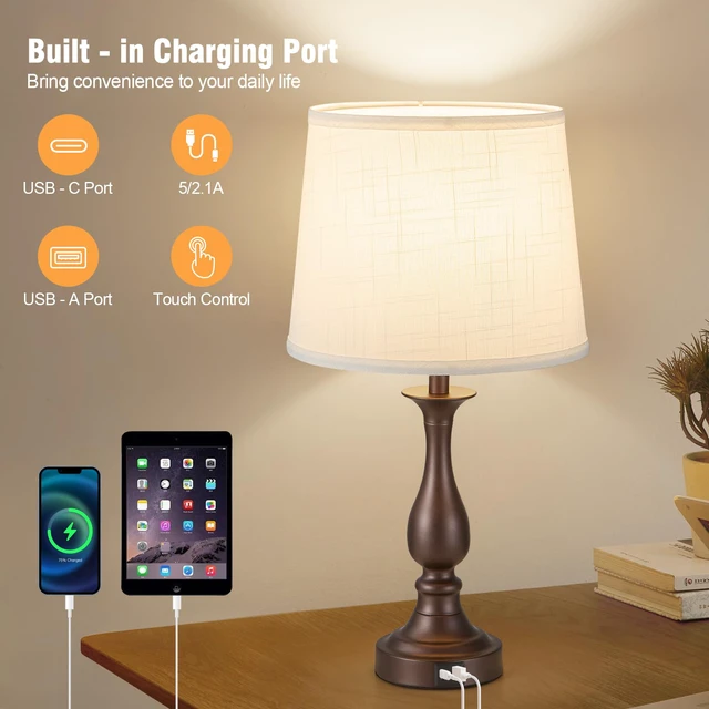 Alt view image 7 of 7 - Bedside Table Lamp Touch Control Bedroom Lamps with USB A + C Charging Port 3 Way Dimmable Touch Lamps for Nightstand Living Room Bedroom Dorm Home Office Reading, Set of 2 (White Shade & Brown Base)