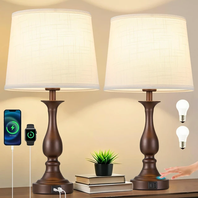 Main image of Bedside Table Lamp Touch Control Bedroom Lamps with USB A + C Charging Port 3 Way Dimmable Touch Lamps for Nightstand Living Room Bedroom Dorm Home Office Reading, Set of 2 (White Shade & Brown Base)