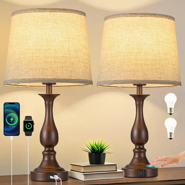 Main image of Bedside Table Lamp Touch Control Bedroom Lamps with USB A + C Charging Port 3 Way Dimmable Touch Lamps for Nightstand Living Room Bedroom Dorm Home Office Reading, Set of 2 (Beige Shade & Brown Base)