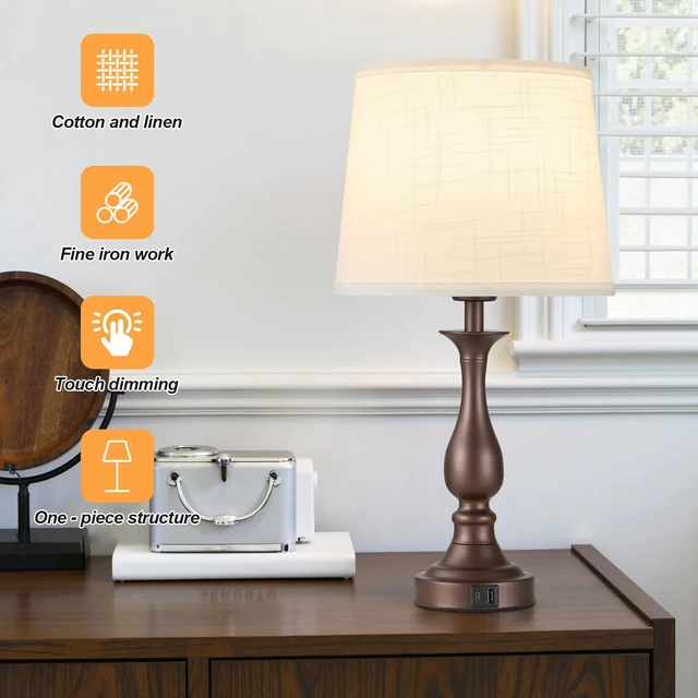 Alt view image 2 of 7 - Bedside Table Lamp Touch Control Bedroom Lamps with USB A + C Charging Port 3 Way Dimmable Touch Lamps for Nightstand Living Room Bedroom Dorm Home Office Reading, Set of 2 (White Shade & Brown Base)