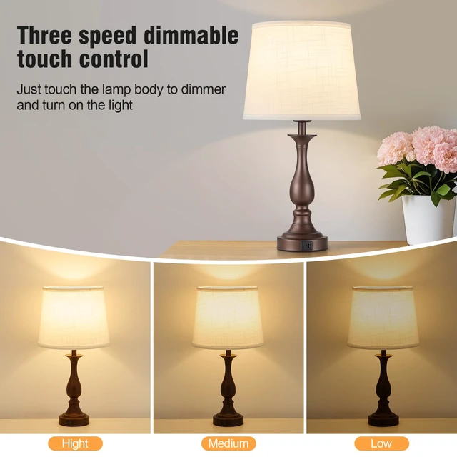 Alt view image 3 of 7 - Bedside Table Lamp Touch Control Bedroom Lamps with USB A + C Charging Port 3 Way Dimmable Touch Lamps for Nightstand Living Room Bedroom Dorm Home Office Reading, Set of 2 (White Shade & Brown Base)