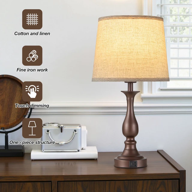 Alt view image 2 of 7 - Bedside Table Lamp Touch Control Bedroom Lamps with USB A + C Charging Port 3 Way Dimmable Touch Lamps for Nightstand Living Room Bedroom Dorm Home Office Reading, Set of 2 (Beige Shade & Brown Base)