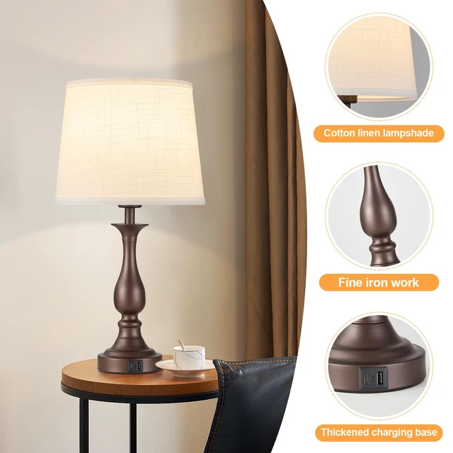 Alt view image 4 of 7 - Bedside Table Lamp Touch Control Bedroom Lamps with USB A + C Charging Port 3 Way Dimmable Touch Lamps for Nightstand Living Room Bedroom Dorm Home Office Reading, Set of 2 (White Shade & Brown Base)