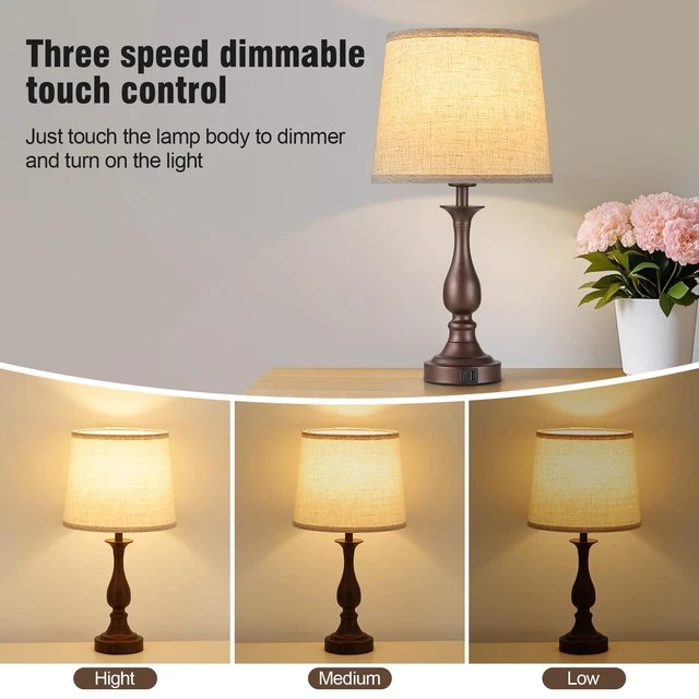 Alt view image 3 of 7 - Bedside Table Lamp Touch Control Bedroom Lamps with USB A + C Charging Port 3 Way Dimmable Touch Lamps for Nightstand Living Room Bedroom Dorm Home Office Reading, Set of 2 (Beige Shade & Brown Base)