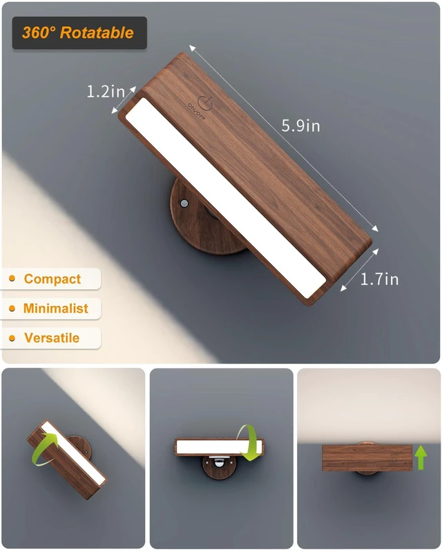 Alt view image 7 of 7 - Battery Operated Wall Sconces Set of 2,Rechargeable Wall Lights Wood,Stick On Wall Lights for Bedroom,Wall Mounted Bedside Reading Lamps Dimmable,Battery Powered Wall Lamp for Bedroom