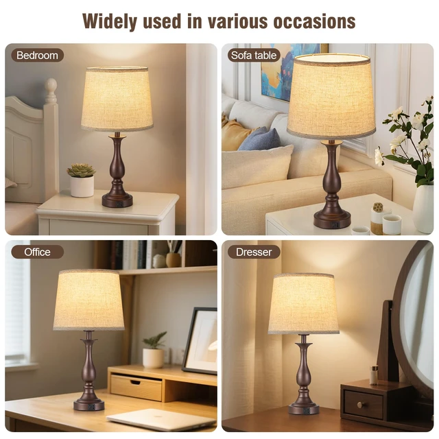 Alt view image 5 of 7 - Bedside Table Lamp Touch Control Bedroom Lamps with USB A + C Charging Port 3 Way Dimmable Touch Lamps for Nightstand Living Room Bedroom Dorm Home Office Reading, Set of 2 (Beige Shade & Brown Base)