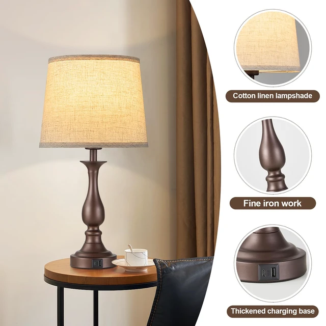 Alt view image 4 of 7 - Bedside Table Lamp Touch Control Bedroom Lamps with USB A + C Charging Port 3 Way Dimmable Touch Lamps for Nightstand Living Room Bedroom Dorm Home Office Reading, Set of 2 (Beige Shade & Brown Base)