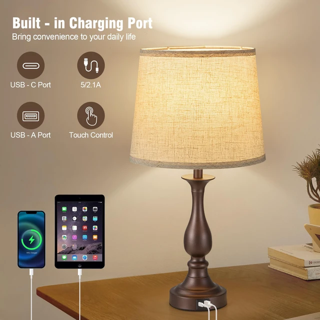Alt view image 7 of 7 - Bedside Table Lamp Touch Control Bedroom Lamps with USB A + C Charging Port 3 Way Dimmable Touch Lamps for Nightstand Living Room Bedroom Dorm Home Office Reading, Set of 2 (Beige Shade & Brown Base)