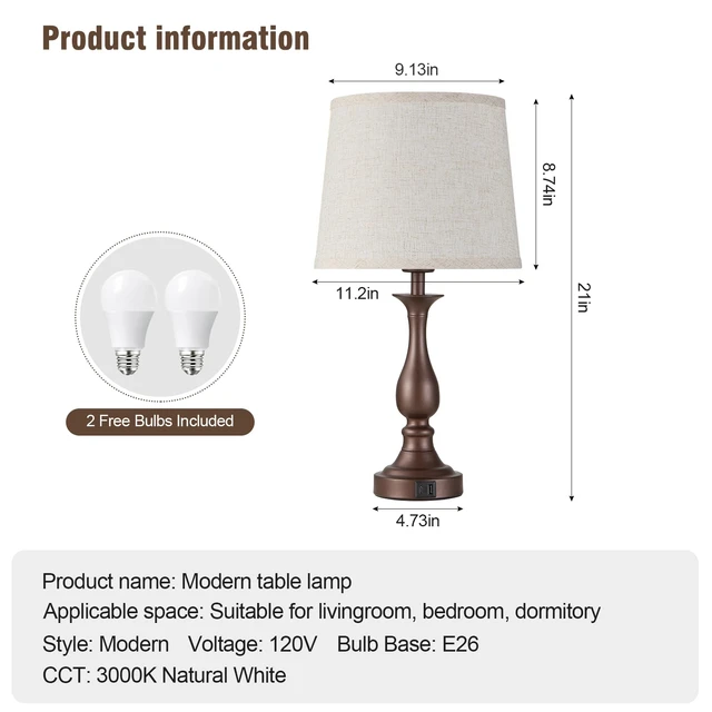 Alt view image 6 of 7 - Bedside Table Lamp Touch Control Bedroom Lamps with USB A + C Charging Port 3 Way Dimmable Touch Lamps for Nightstand Living Room Bedroom Dorm Home Office Reading, Set of 2 (Beige Shade & Brown Base)