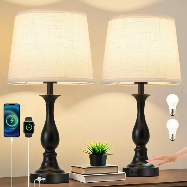 Main image of Bedside Table Lamp Touch Control Bedroom Lamps with USB A + C Charging Port 3 Way Dimmable Touch Lamps for Nightstand Living Room Bedroom Dorm Home Office Reading, Set of 2 (White Shade & Black Base)