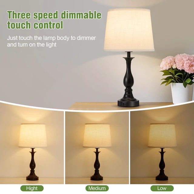 Alt view image 3 of 7 - Bedside Table Lamp Touch Control Bedroom Lamps with USB A + C Charging Port 3 Way Dimmable Touch Lamps for Nightstand Living Room Bedroom Dorm Home Office Reading, Set of 2 (White Shade & Black Base)