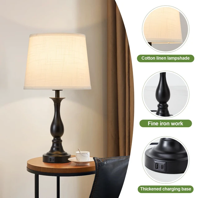 Alt view image 4 of 7 - Bedside Table Lamp Touch Control Bedroom Lamps with USB A + C Charging Port 3 Way Dimmable Touch Lamps for Nightstand Living Room Bedroom Dorm Home Office Reading, Set of 2 (White Shade & Black Base)