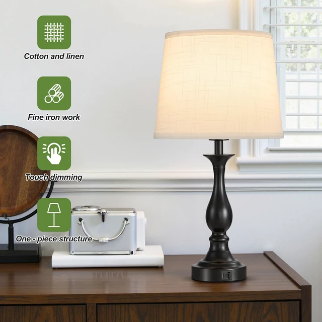 Alt view image 2 of 7 - Bedside Table Lamp Touch Control Bedroom Lamps with USB A + C Charging Port 3 Way Dimmable Touch Lamps for Nightstand Living Room Bedroom Dorm Home Office Reading, Set of 2 (White Shade & Black Base)