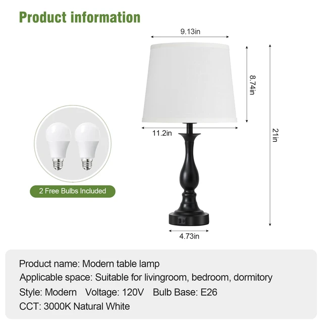 Alt view image 6 of 7 - Bedside Table Lamp Touch Control Bedroom Lamps with USB A + C Charging Port 3 Way Dimmable Touch Lamps for Nightstand Living Room Bedroom Dorm Home Office Reading, Set of 2 (White Shade & Black Base)