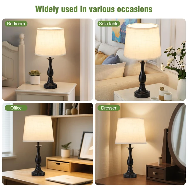 Alt view image 5 of 7 - Bedside Table Lamp Touch Control Bedroom Lamps with USB A + C Charging Port 3 Way Dimmable Touch Lamps for Nightstand Living Room Bedroom Dorm Home Office Reading, Set of 2 (White Shade & Black Base)
