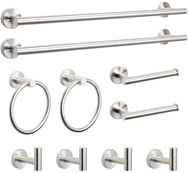 Main image of 10 Pieces Bathroom Hardware Set SUS304 Thicken Stainless Steel-Towel Rack Kit Include 26" Towel Rod + Bath Towel Ring + Toilet Paper Holder + Robe Towel Hooks Bath Accessories (Nickel)