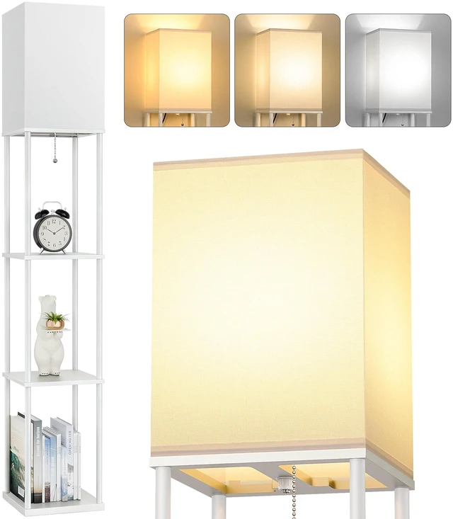 Main image of Floor Lamp with Shelves, 3-Tier Modern Square Bookshelf Standing Lamp White 3 Color Temperature Bulb Included, Pull Chain Tall Lamp for Living Room Bedroom Corner Office Apartment Decor
