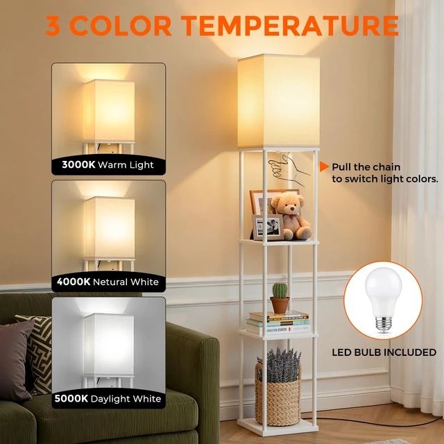 Alt view image 2 of 7 - Floor Lamp with Shelves, 3-Tier Modern Square Bookshelf Standing Lamp White 3 Color Temperature Bulb Included, Pull Chain Tall Lamp for Living Room Bedroom Corner Office Apartment Decor