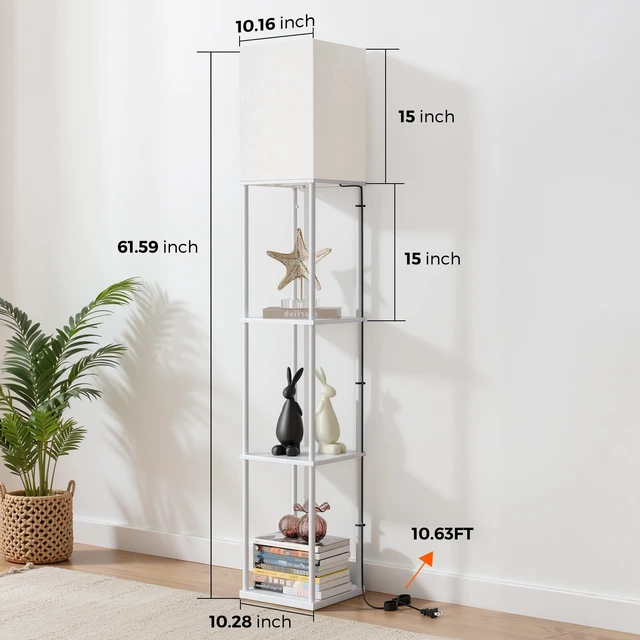 Alt view image 3 of 7 - Floor Lamp with Shelves, 3-Tier Modern Square Bookshelf Standing Lamp White 3 Color Temperature Bulb Included, Pull Chain Tall Lamp for Living Room Bedroom Corner Office Apartment Decor