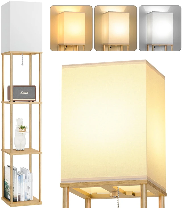 Main image of Floor Lamp with Shelves, 3-Tier Modern Square Bookshelf Standing Lamp Wood 3 Color Temperature Bulb Included, Pull Chain Tall Lamp for Living Room Bedroom Corner Office Apartment Decor