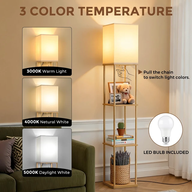 Alt view image 2 of 7 - Floor Lamp with Shelves, 3-Tier Modern Square Bookshelf Standing Lamp Wood 3 Color Temperature Bulb Included, Pull Chain Tall Lamp for Living Room Bedroom Corner Office Apartment Decor